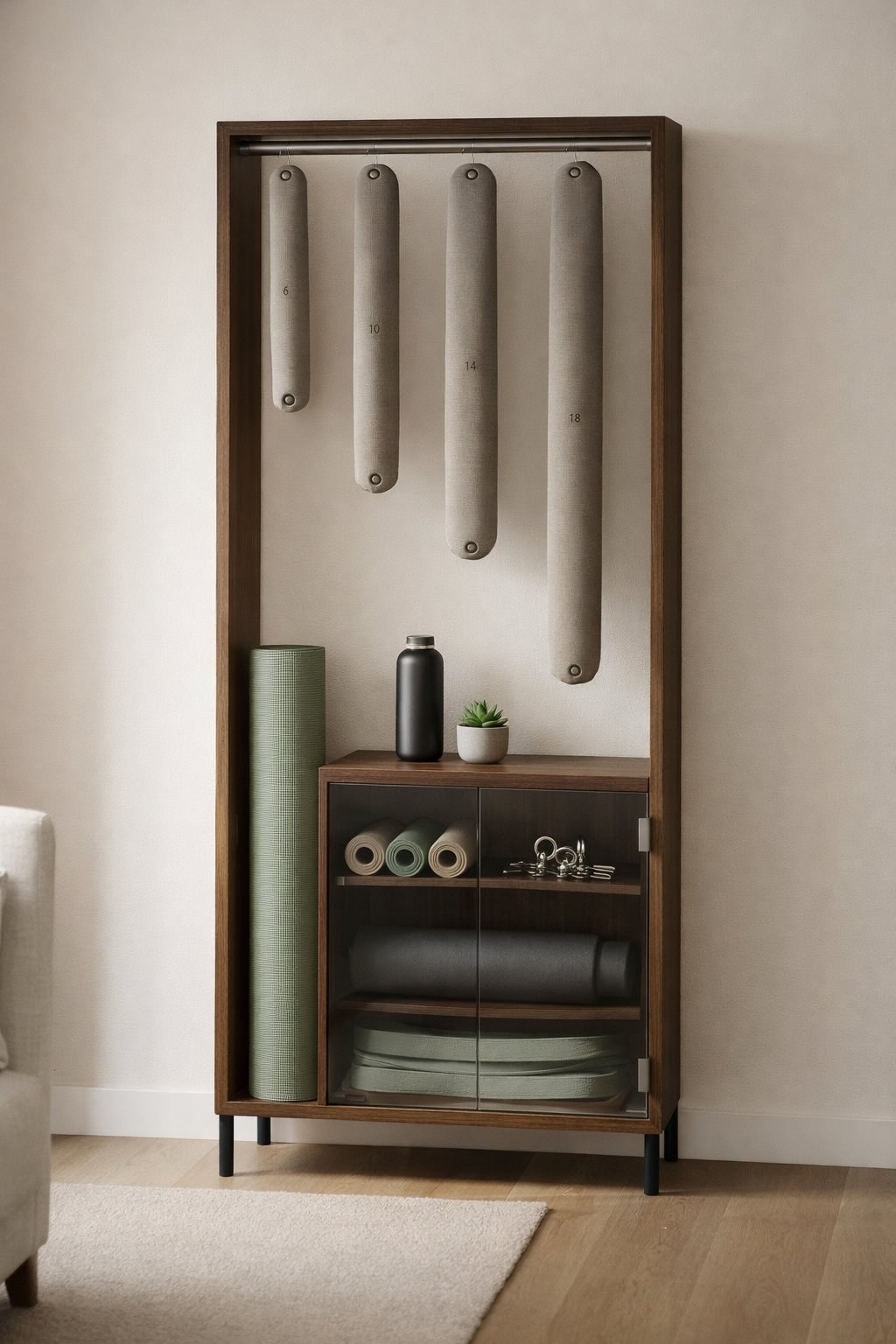 kuru, render del objeto: mueble vertical de nogal con cilindros colgantes, vitrina y tapete verde salvia